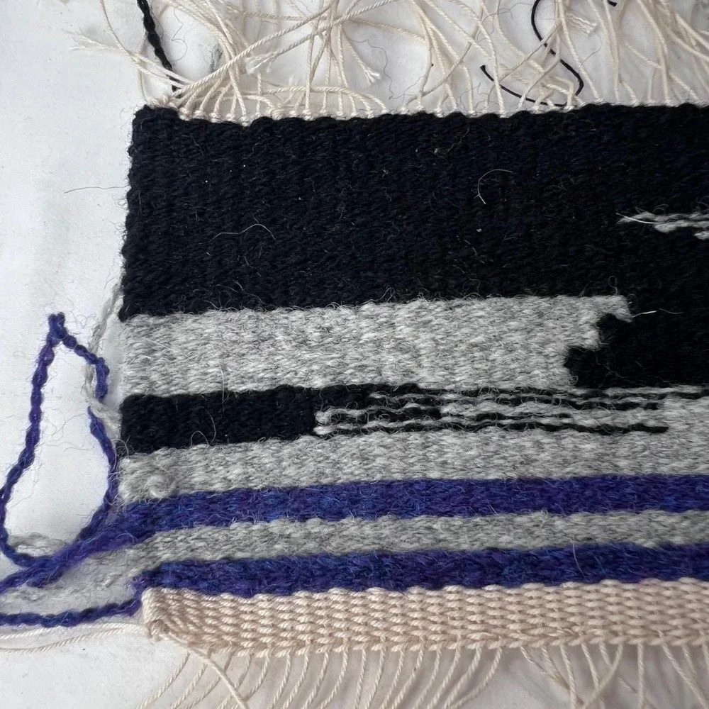 Handwoven Wool Southwestern Textile Mini Tapestry Black Purple Grey Fringe 10.5
